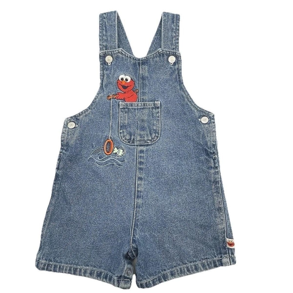 Vintage 1990s Sesame Street Elmo Denim Shortalls 24M Baby Overalls Fishing Rare